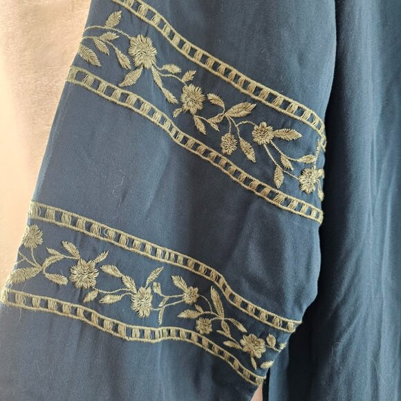 J. Jill Women Blue Tunic Top Floral Embroidery Boho Peasant Tall L Blouse - Picture 11 of 13